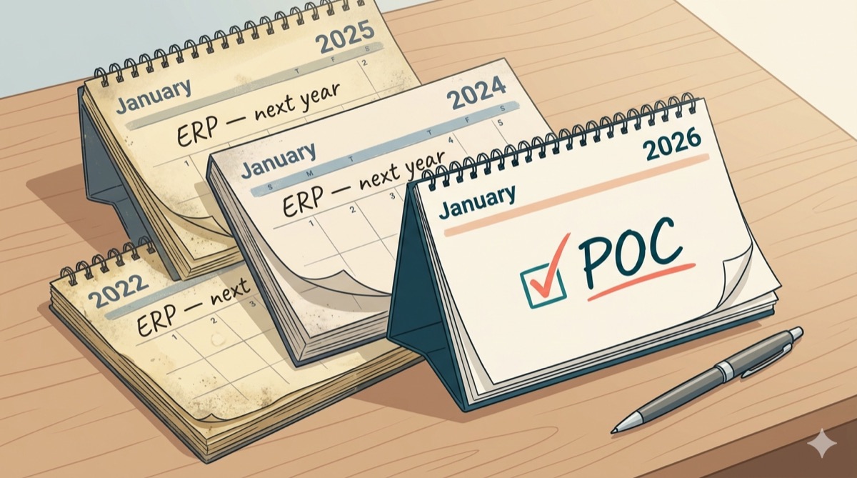 Des calendriers où la mention « ERP, next year » est reportée d'année en année, jusqu'au POC de 2026